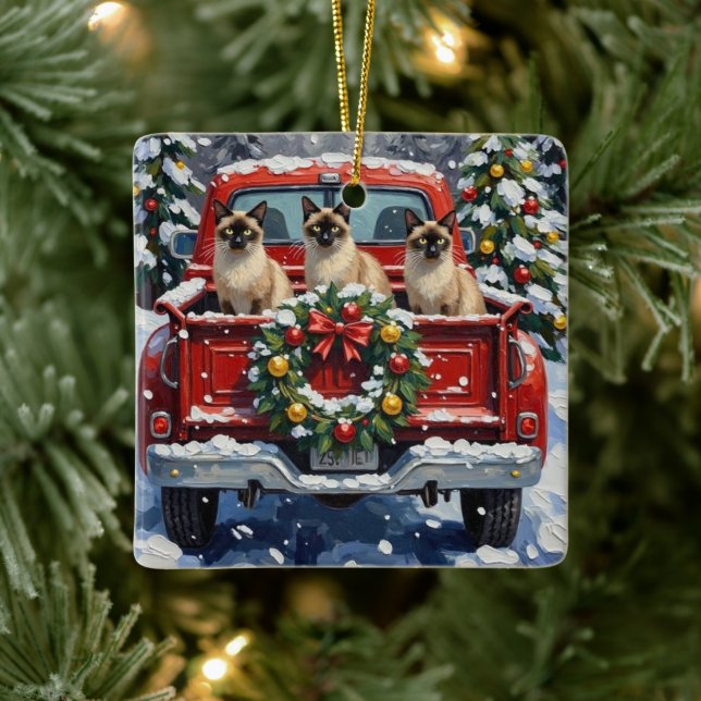 Siamese Cat Christmas Red Truck Holiday Ceramic Ornament (Tree)