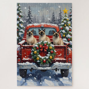 Siamese Cat Christmas Red Truck Holiday Jigsaw Puzzle