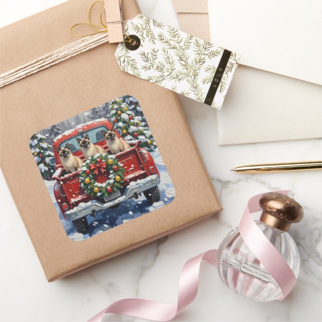 Siamese Cat Christmas Red Truck Holiday Square Sticker (Gifting)