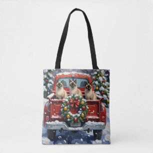 Siamese Cat Christmas Red Truck Holiday Tote Bag