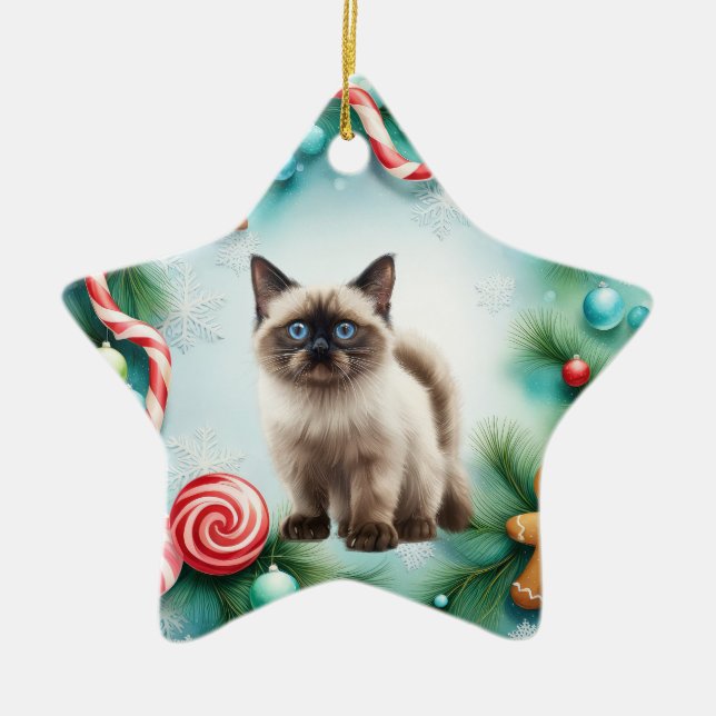 Siamese Cat Christmas themed Ceramic Tree Decoration (Front)
