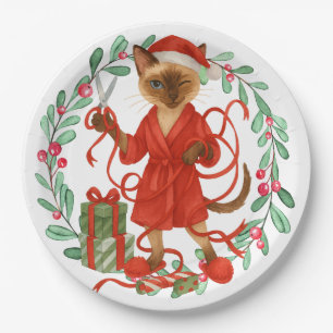 Siamese Cat Christmas themed for Cat Lover Paper Plate