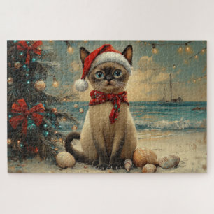 Siamese Cat Christmas Vintage Beach Jigsaw Puzzle