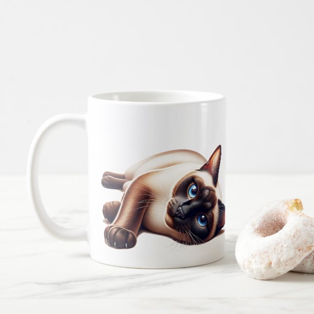 Siamese Cat,  Cute Blue-Eyed Feline  Coffee Mug (With Donut)