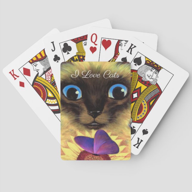Siamese Cat Cute Feline Butterfly Name Painting Playing Cards (Back)