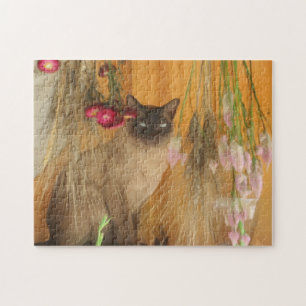 Siamese Cat Dried Flowers Photo Painting  Jigsaw Puzzle