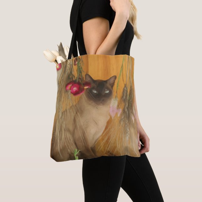 Siamese Cat Dried Flowers Photo Painting  Tote Bag (Close Up)
