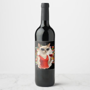 Siamese Cat Drinking Wine at Barbecue Party Label