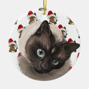 SIAMESE CAT FACE WITH CAT CHRISTMAS BACKGROUND CERAMIC TREE DECORATION
