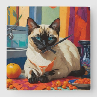 Siamese Cat Fauvism Style Square Wall Clock