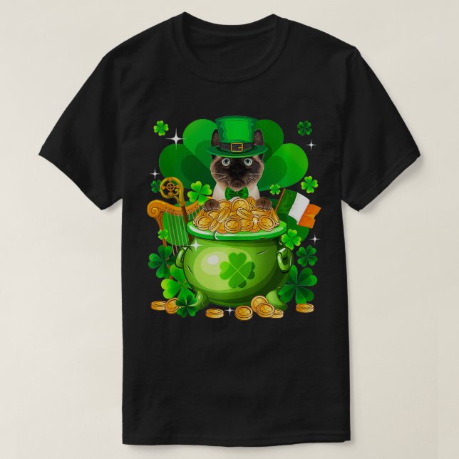 Siamese Cat Gold Pot Shamrock St Patricks Day  T-Shirt (Design Front)