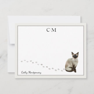 Siamese Cat Grey Border Monogram Name Card