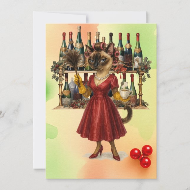 Siamese cat Housewife Christmas Let's Party Invitation (Front)