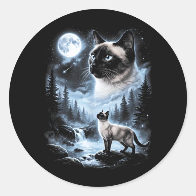 Siamese Cat Howling At Moon 90s Retro Classic Round Sticker (Front)
