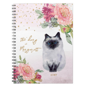 Siamese Cat Illustration Flowers Girl Daily Diary Notebook