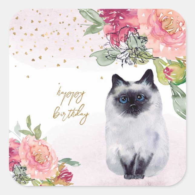 Siamese Cat Illustration Happy Birthday Girl Party Square Sticker (Front)