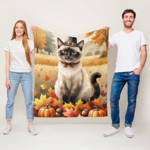 Siamese Cat In Autumn Leaves Thanksgiving Art Fleece Blanket