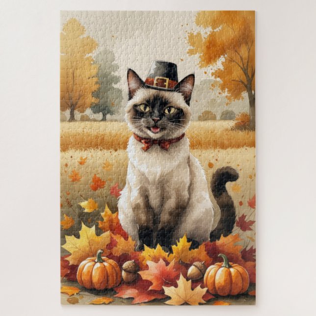 Siamese Cat In Autumn Leaves Thanksgiving Art Jigsaw Puzzle (Vertical)