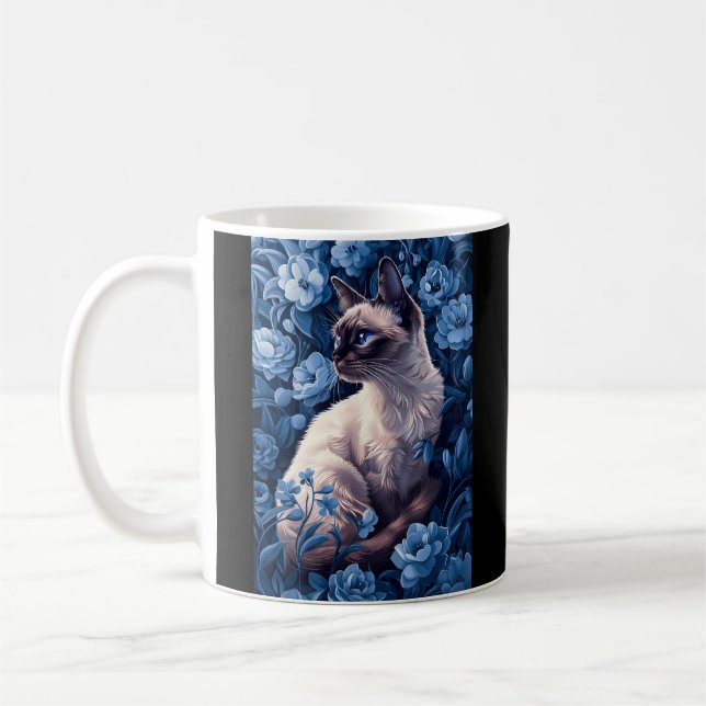 Siamese Cat in Blue Flowers Coffee Mug (Left)