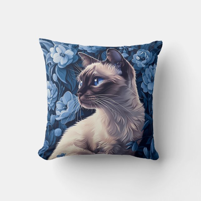 Siamese Cat in Blue Flowers Cushion (Front)