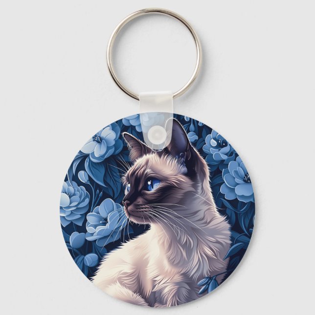 Siamese Cat in Blue Flowers Key Ring (Front)