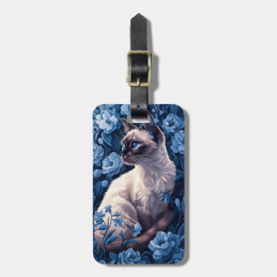 Siamese Cat in Blue Flowers Luggage Tag
