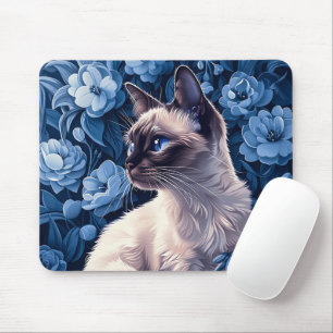 Siamese Cat in Blue Flowers Mouse Pad