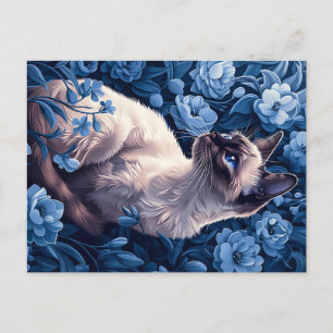 Siamese Cat in Blue Flowers Postcard