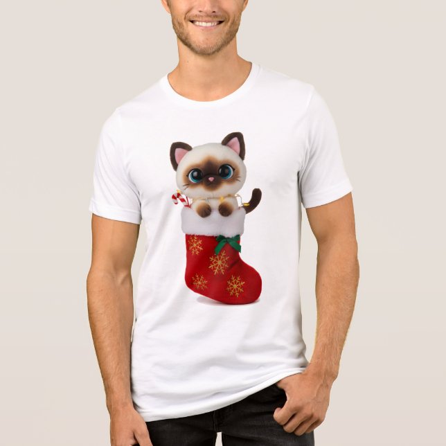 Siamese Cat in Christmas Stocking with Lights Tri-Blend Shirt (Front)
