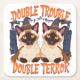 Siamese Cat in Halloween Mansion Square Paper Coaster