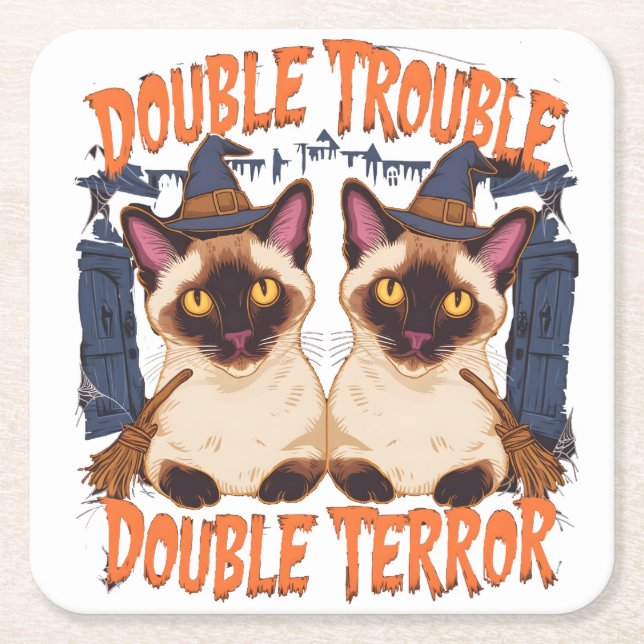 Siamese Cat in Halloween Mansion Square Paper Coaster (Front)