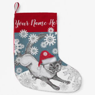 Siamese Cat in Santa Hat Blue Winter Snowflakes Small Christmas Stocking