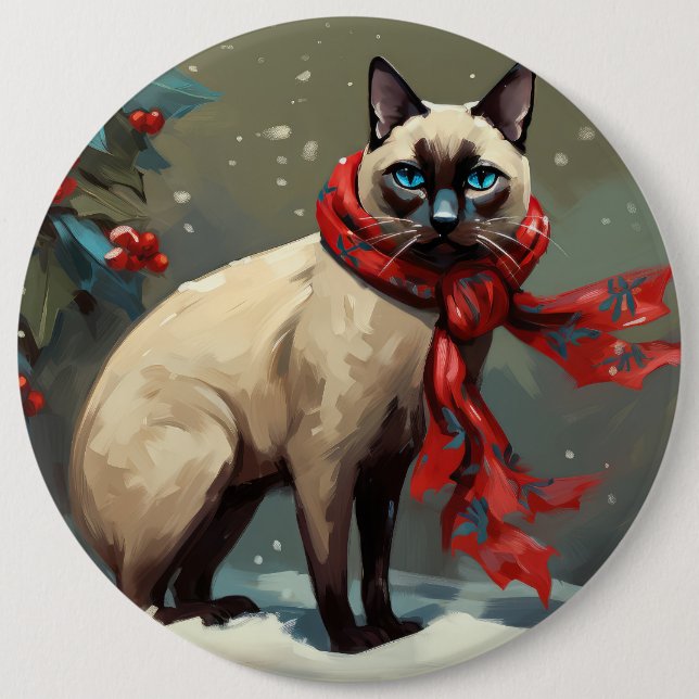 Siamese Cat in Snow Christmas 6 Cm Round Badge (Front)