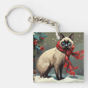 Siamese Cat in Snow Christmas Key Ring