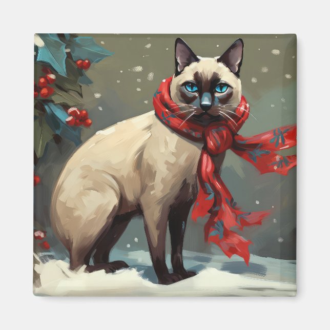 Siamese Cat in Snow Christmas Magnet (Front)