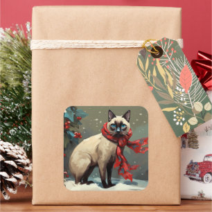 Siamese Cat in Snow Christmas Square Sticker