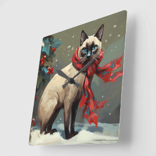 Siamese Cat in Snow Christmas Square Wall Clock