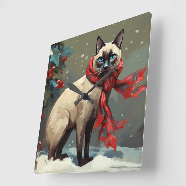 Siamese Cat in Snow Christmas Square Wall Clock (Angle)