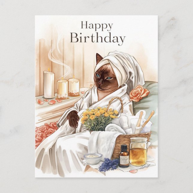 Siamese Cat in Spa Birthday  Postcard (Front)