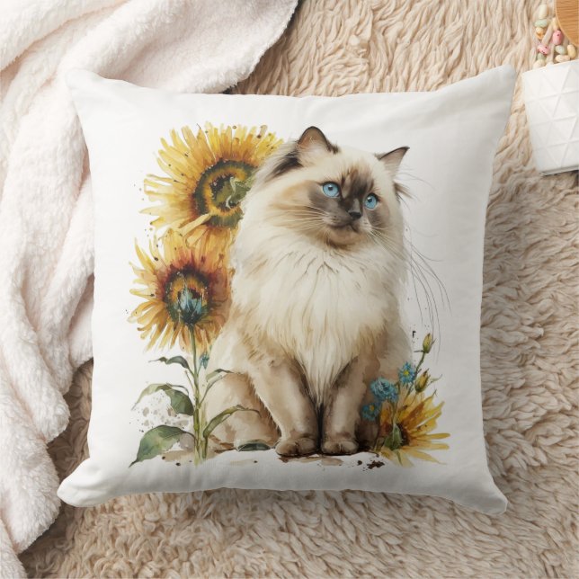 Siamese Cat In Sunflowers Cushion (Blanket)