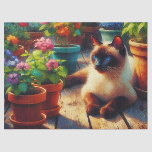 Siamese Cat in the Garden Painting Decoupage Tissue Paper (Front)