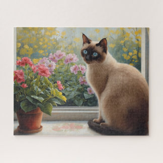 Siamese Cat in the Window with Garden View Jigsaw Puzzle