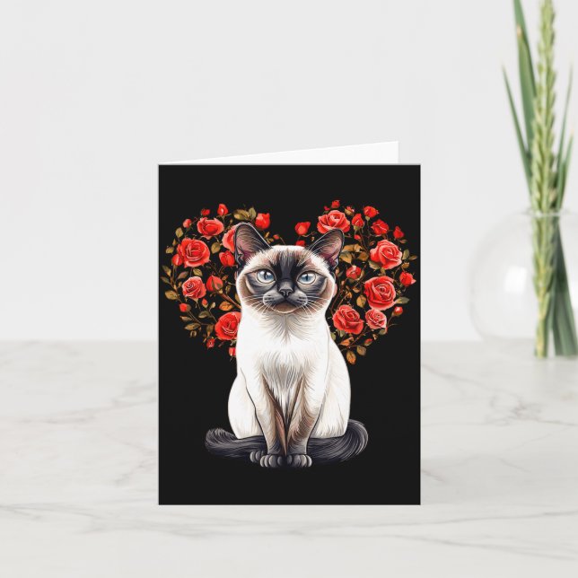 Siamese Cat Lover Floral Heart Valentines Day  Card (Front)