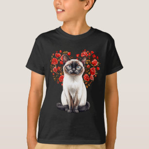 Siamese Cat Lover Floral Heart Valentines Day T-Shirt