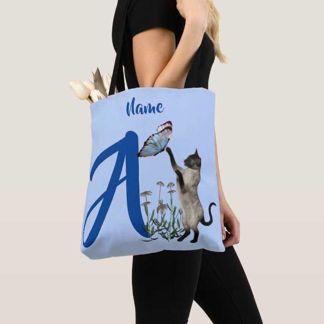 Siamese Cat Monogram Initial A Personalised Tote Bag (Close Up)