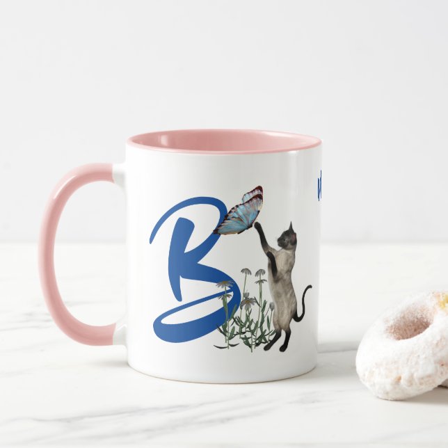 Siamese Cat Monogram Initial B Personalised Mug (With Donut)