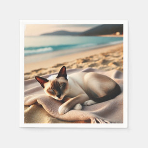 Siamese Cat nap by the beach Napkin