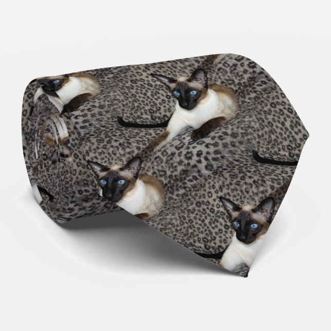 Siamese Cat on Leopard Print Wild Animal Spots Tie (Rolled)