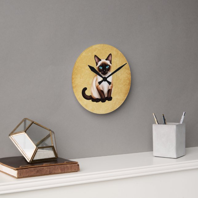 Siamese Cat On Old Paper Round Clock (Office)
