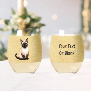 Siamese Cat On Old Paper Stemless Wine Glass